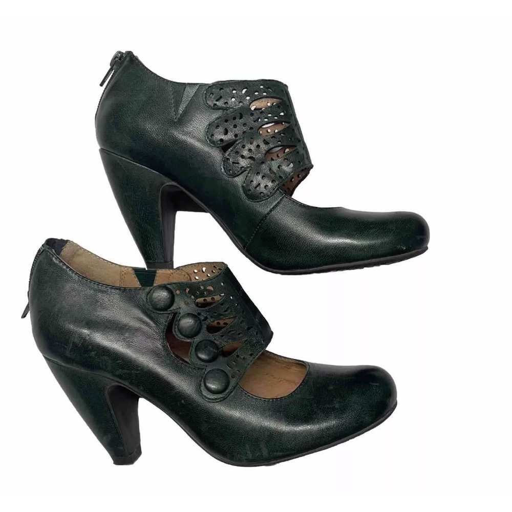 Miz Mooz Mary Jane Heel 7 Sharon Green Button Laser Cut Perforated Pump Lace